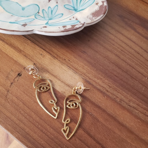 Gold Silver Abstract Art Face Earrings Gift - Picture 1 of 1